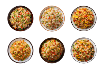Collection of a plate of fried rice isolated on a transparent background, top view, cut out