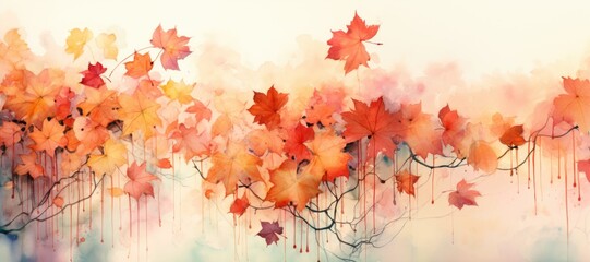 Obraz na płótnie Canvas watercolor autumn background with orange seasonal leaves