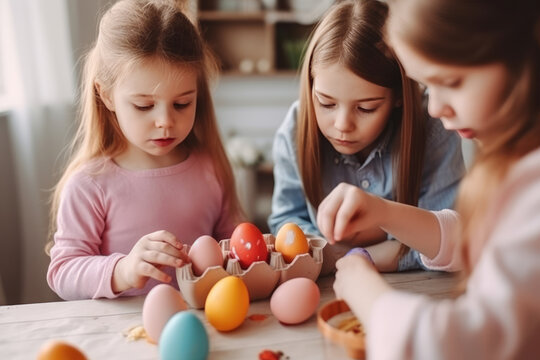 Cropped shot of two cute kids painting Easter eggs with mom