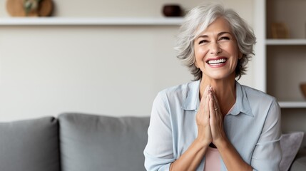 a cheerful older woman sits on her cozy home couch, smiling with her perfect white teeth and laughing with a hand-on-chest gesture, enjoying leisure and having a great time - obrazy, fototapety, plakaty