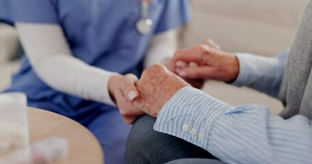 Doctor, old woman and hand holding closeup for results, bad news or illness pills. Medical worker, senior patient and fingers for crying support or comfort for sad sick outcome, empathy or advice