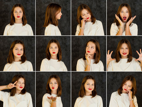 Actor emotions portfolio with different facial expressions, collage set portraits of teenage cover girl 12 year old. Emotional teenage model posing at dark. Actress emotion concept. Copy ad text space