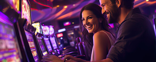 Happy couple playing on slot machine in casino. purple colors.