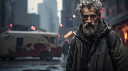 Homeless man on the street of a big city, alcoholism, drug addiction, low social responsibility, poverty - obrazy, fototapety, plakaty