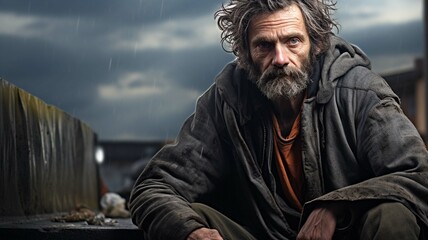 Homeless man on the street of a big city, alcoholism, drug addiction, low social responsibility, poverty
