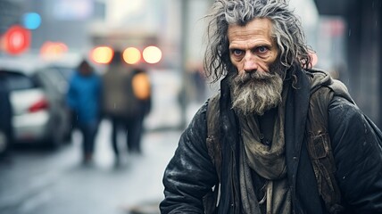 Homeless man on the street of a big city, alcoholism, drug addiction, low social responsibility, poverty - obrazy, fototapety, plakaty