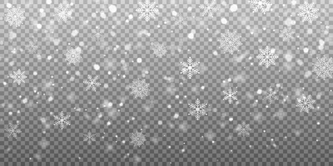 Heavy white snowfall with falling snowflakes isolated on transparent background for   Christmas and happy new year banner, vector illustration.