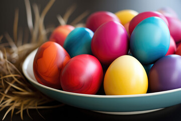 Fototapeta na wymiar Bright modern dyed Easter eggs