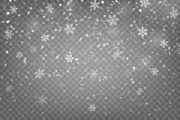 White snowfall with falling snowflakes isolated on transparent background for   Christmas and happy new year banner, vector illustration.