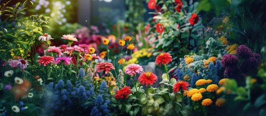 The colorful floral garden with green leaves and vibrant flowers creates a beautiful backdrop against the picturesque landscape evoking the beauty of nature in the summertime