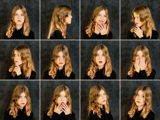 Collage set portraits of child cover girl 11 year old, actor emotions portfolio with various facial...
