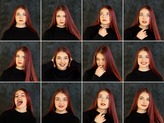 Collage set portraits of teenage cover girl 14 year old, actor emotions portfolio with different...