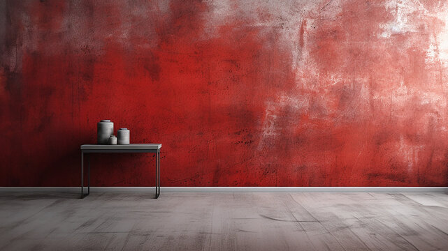 Habitaci&oacute;n con mesilla sobre fondo rojo desgastado con espacio para texto