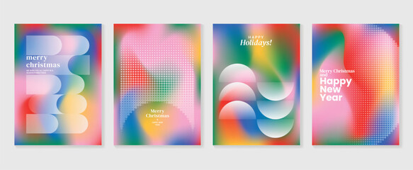 Merry christmas concept posters set. Cute gradient holographic background vector with vibrant color, geometric shape, halftone. Art trendy wallpaper design for social media, card, banner, flyer.