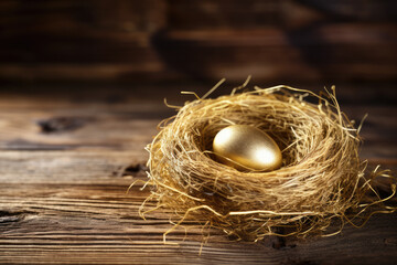 Golden egg opportunity, concept of wealth, a chance to be rich in investment success and retirement planning with egg in bird nest on old wood
