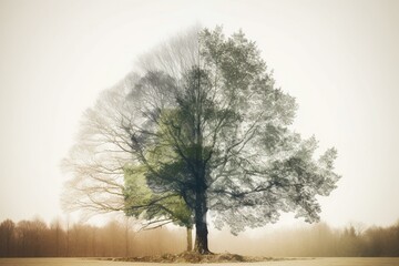 A double exposure showing a tree used for carbon credits, emphasizing the significance of tree preservation in reducing emissions and tackling climate change. Generative AI