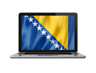 Bosnia and Herzegovinan flag on laptop screen isolated on white. 3D illustration