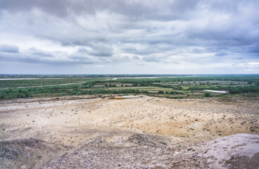 Panoramic view of the Amu Darya River and the fields irrigated by it in the desert of Uzbekistan in Karakalpakstan
