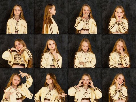 Emotional kid girl model 10 year old posing at dark, actor emotions portfolio. Collage set portraits of child cover girl with various facial expressions. Actress emotion concept. Copy ad text space