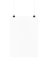 White poster hanging on a clean wall with clips