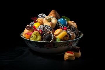 A collection of colorful pastries in a bowl on a dark surface. Generative AI