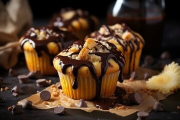 Delicious treat with chocolate, banana, muffin, topping, and a splash. Generative AI - obrazy, fototapety, plakaty