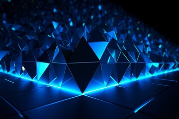 Glowing, blue 3D surface with tetrahedrons. Contemporary, vibrant 3D backdrop. Generative AI