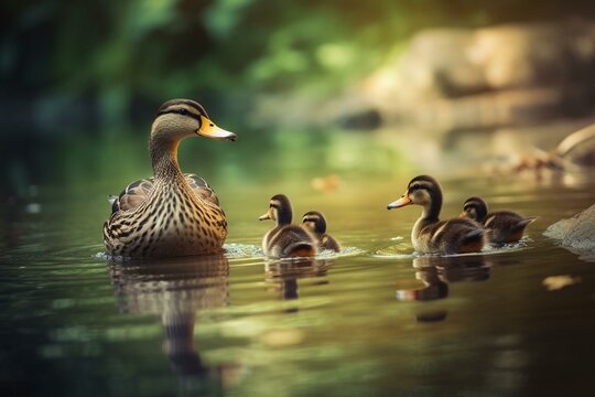 Enjoyable moments of a family of ducks having fun in the lake. Generative AI