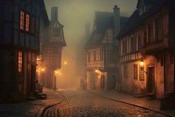 Fototapeta na wymiar Atmospheric Halloween street in a medieval setting with foggy ambiance. Digital art. Generative AI