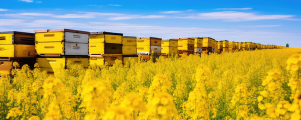 Wooden yellow apairy oe beehive houses boxes. copy space for text.