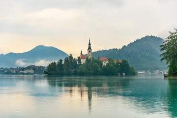 Fototapeta na wymiar Bled, Slovenia - June 28, 2023: Beautiful Lake Bled in Slovenia.