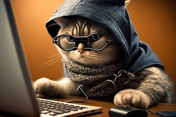 Cat hacker in glasses and a hood behind a laptop. AI generated