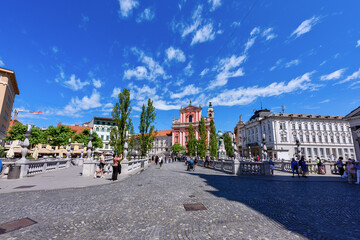 Ljubljana, Slovenia - June 27, 2023: Preseren Square, the central square in Ljubljana, Slovenia 