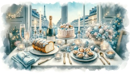 French Christmas dinner with Eiffel Tower view, in watercolor.
