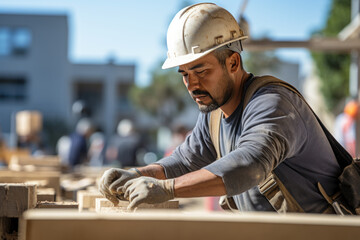 ouvrier du BTP avec son casque en train de travailler sur un chantier de construction