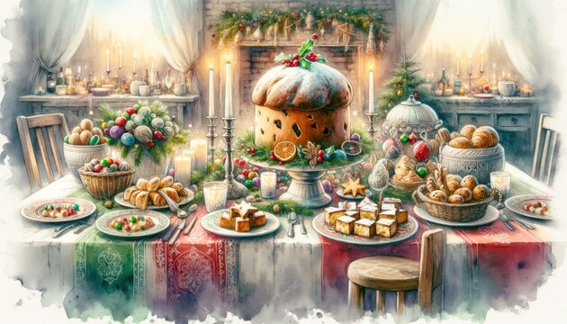 Italian Christmas dinner, watercolor pastel scene.
