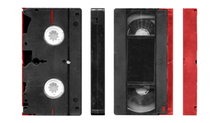 Old VHS video cassette with red details, png isolated objects with clear area for mockup on transparent background in retro Y2K style