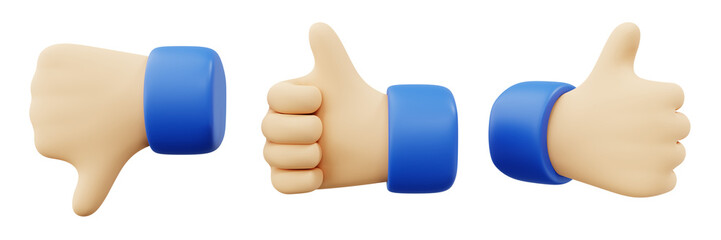 3D set cartoon Hands Thumbs up and thumbs down, Hand thumb up or like sign Gestures illustration design concept