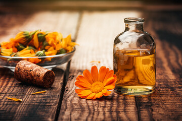Calendula petals on the table. phytotherapy. - 675249337