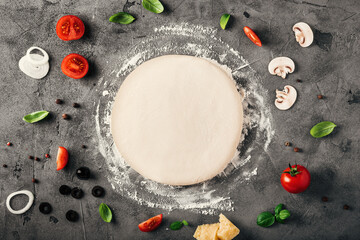 Fototapeta na wymiar The ingredients for homemade pizza on wooden background