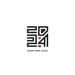 Happy New Year 2024 logo text design. Vector perfect modern minimalistic text with black numbers. The sign of the heart. Isolated on white background. Concept design.