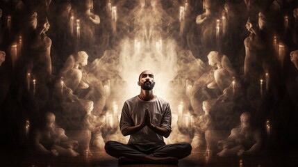 Spiritual Enlightenment: Man Meditating Surrounded by Shining Spirits