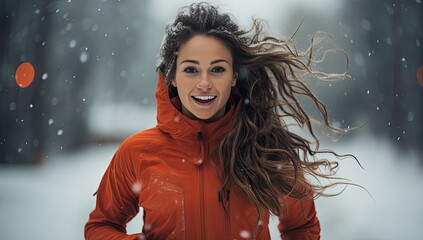 Kobieta biegająca zimą po parku.  - obrazy, fototapety, plakaty