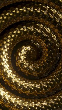 seamless 3d vertical video, abstract background with golden snake spiral, shiny metallic dragon scales texture