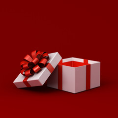 Blank white gift box open or opened present box tied with red ribbon bow isolated on dark red background with shadow minimal conceptual 3D rendering