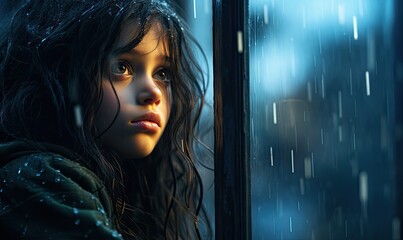 Dziewczynka w dzeszczu oglądająca krople spływające po szybie okna.  - obrazy, fototapety, plakaty