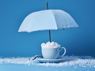 cup with snow under umbrella on blue background. blue monday concept. copy space