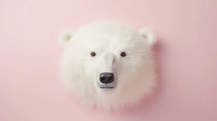 Foto op Canvas A small tufted rug in the shape of a flat polar bear's head on a light pink wall © Esha