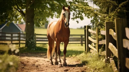 Foto op Plexiglas A beautiful bay horse with a rider in the saddle walks in a paddock with a white fence on a sunny summer day.  © Esha