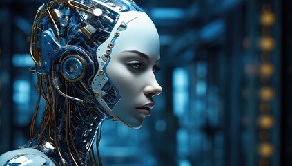 Sztuczna inteligencja z ludzką twarzą. Portret pięknej kobiety androida.  - obrazy, fototapety, plakaty